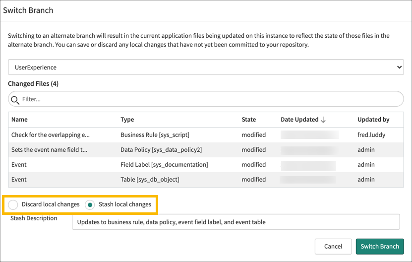 Switching Branches ServiceNow Developers